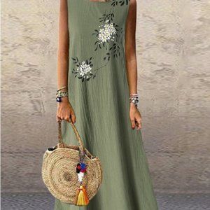 C074 Women Cotton Linen Clothing Floral Maxi Dress Sleeveless Two Side Pockets